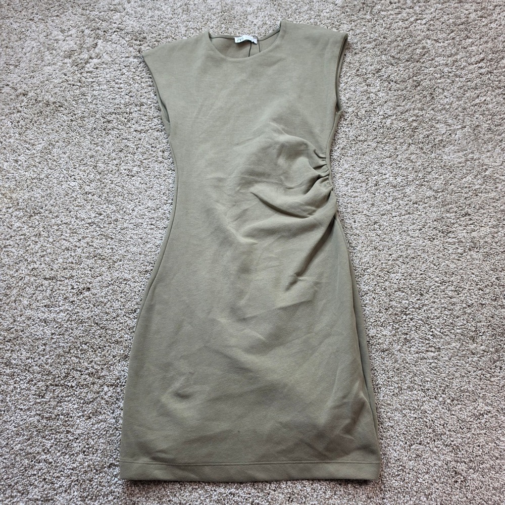 Zara Ruched Side Mini Dress Womens Small Olive Green Cotton Blend Sleeveless
